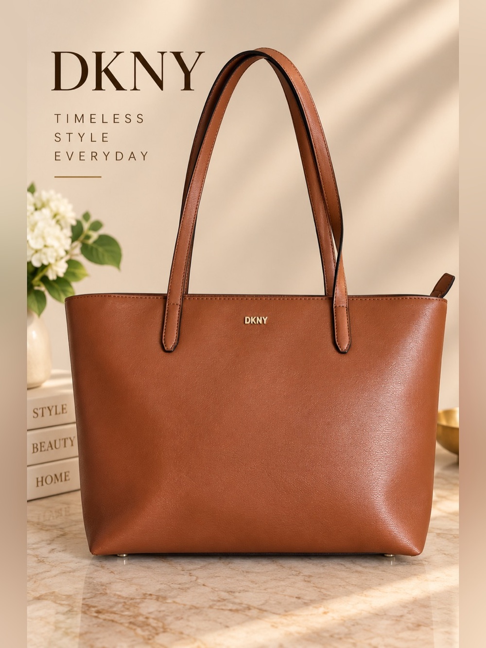 DKNY Brown Saffiano-Texture Zip Top Tote Shoulder Bag